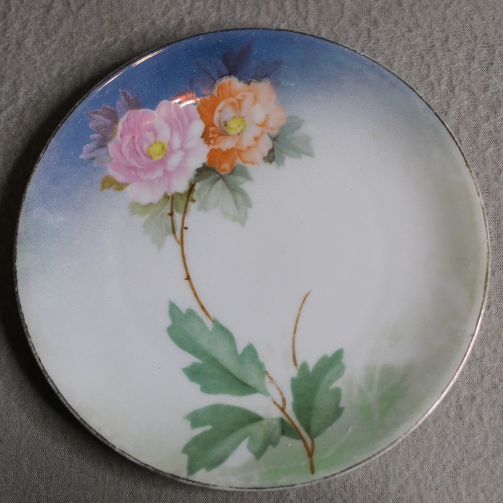 RS Germany Porcelain Floral Plate Pink Orange Peony Blue Sky Gold Rim 6.25in